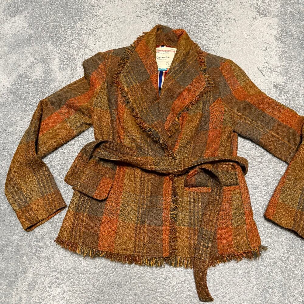 Anthropologie Cartonnier Plaid Wrap Fringe Tweed Jacket Blazer Womens US 6 Brown